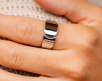 Wide Band Ring For Women - Sterling Silver Adjustable Ring - Modern Everyday Jewelry - Waterproof