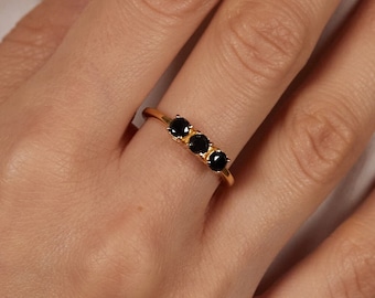 Black CZ Ring - Gold Engagement Ring - Three Stone Ring - Gold Plated Ring - Minimalist Ring - Blue White Red Green Black CZ Ring