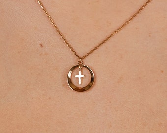 Gold Cross Necklace for Women - Tiny Cross Necklace in Circle - Minimalist Necklace - 24k Gold Vermeil Necklace