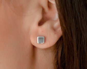 Square Silver Stud Earrings For Women - Sterling Silver With Rhodium Plated Geometric Earrings - Minimalist Ear Studs