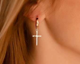 Cross Hoop Earrings for Women - Dangle Minimalist Earrings - Dainty Huggies with Charm - Religious Jewelry