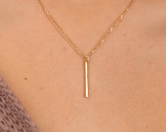 Vertical Bar Drop Necklace – 18k Gold Plated Chain – Long Minimalist Everyday Jewelry for Women