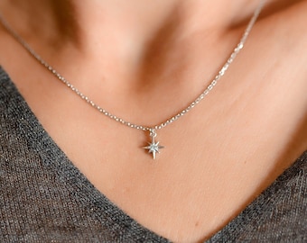 North Star Necklace - Sterling Silver Starburst Necklace - Star Necklace Choker - North Star CZ