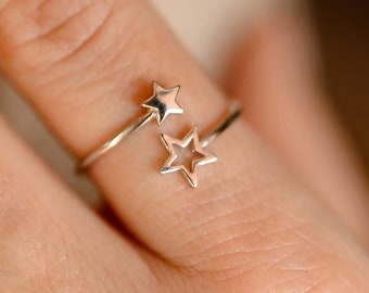 Sterling Silver Star Ring - Double Star Silver Ring - Adjustable Ring - Minimalist Silver Ring - Celestial Jewelry - Women's Ring