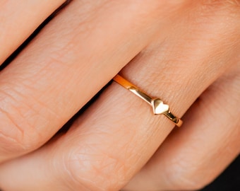 Tiny Heart Ring Gold - Dainty Minimalist Band - Stacking Jewelry - Delicate Love Ring - Promise Gift