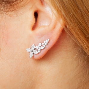 Sterling Silver Ear Crawler - Ear Crawler Earrings - Dainty Ear Climbers - Flower Earrings