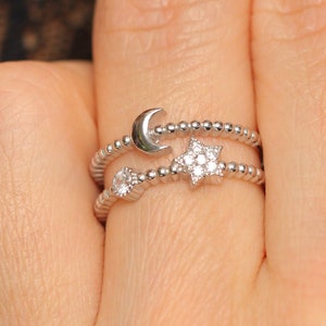 Crescent Moon and Star Ring - Sterling Silver Moon Ring - Star and Moon Ring - Dainty Moon Ring - CZ Adjustable Ring - Celestial Ring