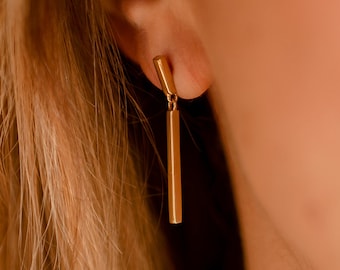 Gold Bar Drop Earrings - Vertical Bar Drop Earrings - Dainty Tiny Bar Dangle Earrings - Minimalist Earrings - Gold Vermeil Earrings