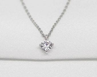 Dainty CZ Necklace for Bridal - Sterling Silver Choker Necklace - Minimalist Solitaire Necklace - Cubic Zirconia Chain Necklace