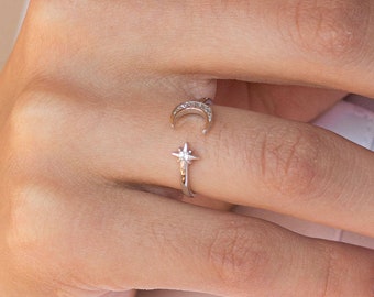 Sterlingzilveren ring met maan en ster – hemelse minimalistische sieraden – waterdicht