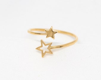 24k Gold Vermeil Star Ring - Double Star Gold Ring - Adjustable Ring - Minimalist Ring - Celestial Jewelry - Women's Ring