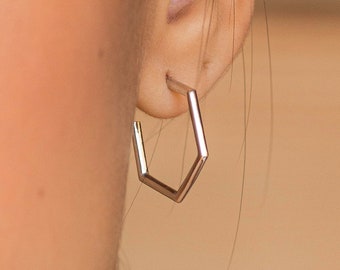 Hexagon Hoop Stud Earrings - Geometric Minimalist Huggie - Hexagon Hoops - Waterproof Jewelry for Womens