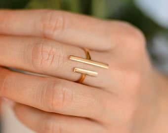 Gold Bar Ring - Double Parallel Open Ring - T-Ring - Adjustable - Minimalist - Dainty Geometric Jewelry