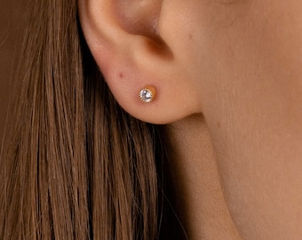 White CZ Stud Earrings – 18k Gold Plated Minimalist Cubic Zirconia Studs – Dainty Bridal Studs - Waterproof Jewelry - Tiny CZ Earrings