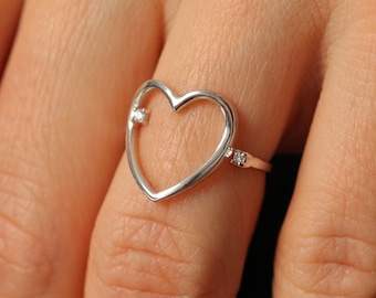 Anillo de corazón de plata esterlina - Delicado anillo de corazón abierto - Anillo ajustable con circonita cúbica - Joyería impermeable para mujer