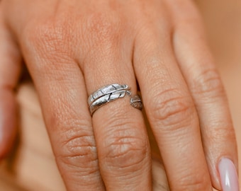 Sterling Silver Feather Ring - Adjustable Open Band - Angel Wing Ring - Everyday Waterproof Jewelry