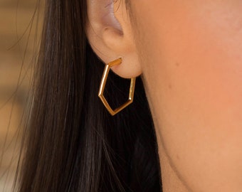 18K Gold Plated Hexagon Hoop Earrings – Minimalist Geometric Jewelry, Bridesmaid Gift, Gold Hexagon Earrings - Huggie Hexagon Stud Earrings