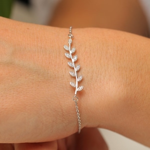 Olive Branch Bracelet – Sterling Silver CZ Leaf Bracelet, Rhodium or Gold Plated, Dainty Gift for Her - Cubic Zirconia Bracelet
