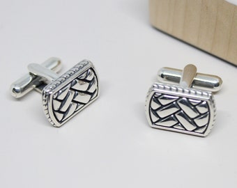 Boutons de manchette en argent oxydé - Boutons de manchette rectangle à motifs - Bijoux pour hommes - Boutons de manchette en argent sterling 925 - Boutons de manchette pour marié