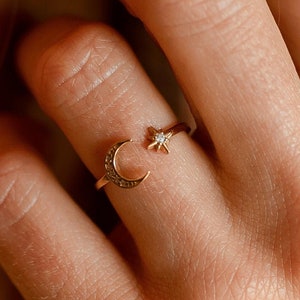 Moon and Star Ring - Gold Crescent Moon Ring - 24k Gold Vermeil Moon Ring - Dainty Moon Ring - Gold Open Moon Ring