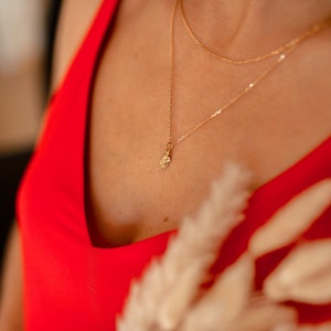 May include: A close-up of a person wearing a red v-neck top with a gold chain necklace featuring a small pendant. The necklace is layered with a second, thinner chain.