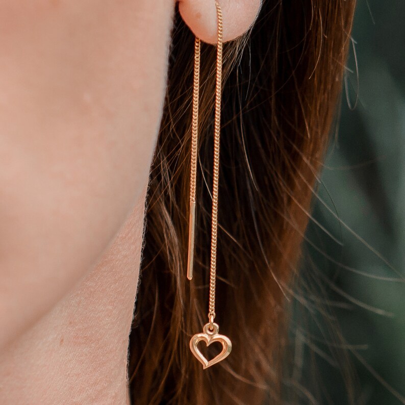Threader Earrings Gold Heart Drop Earrings Tiny Heart Etsy