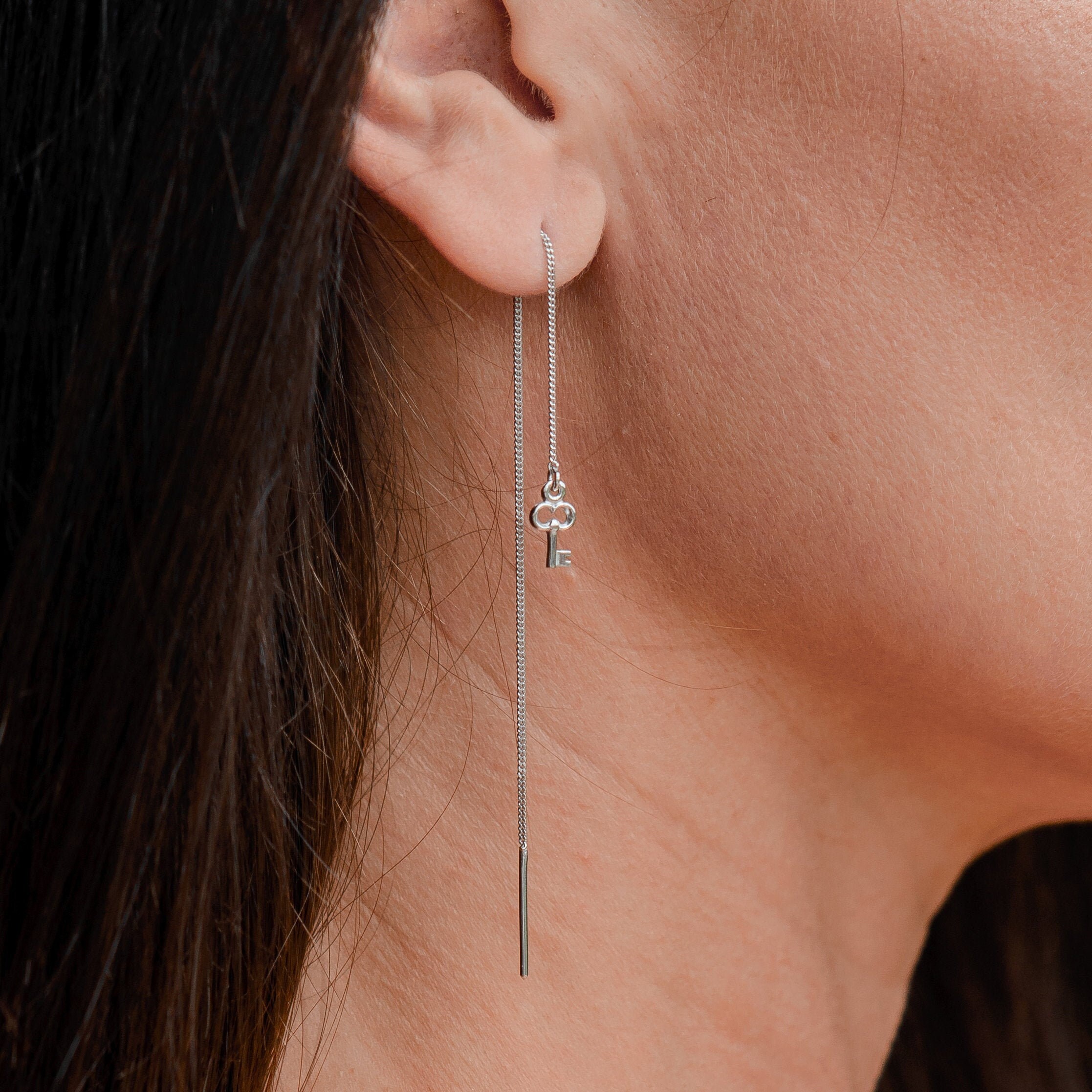Silver Ear Threader Lock And Key Earrings Long Chain Etsy