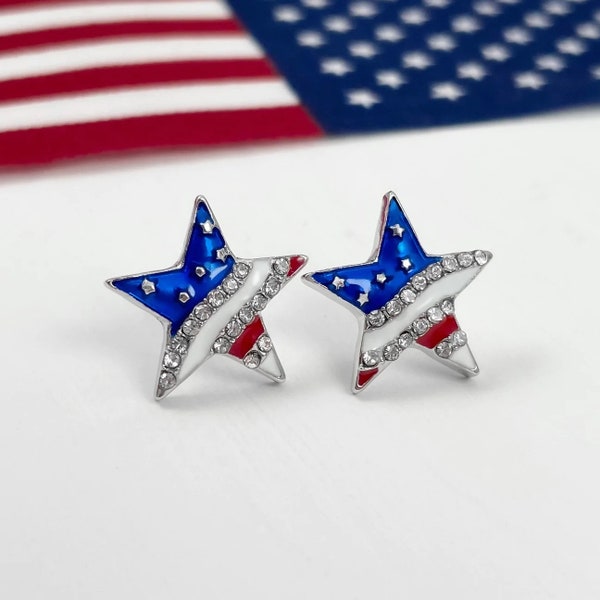 Absolutely Beautiful Patriotic Rhinestone Star Stud Earrings