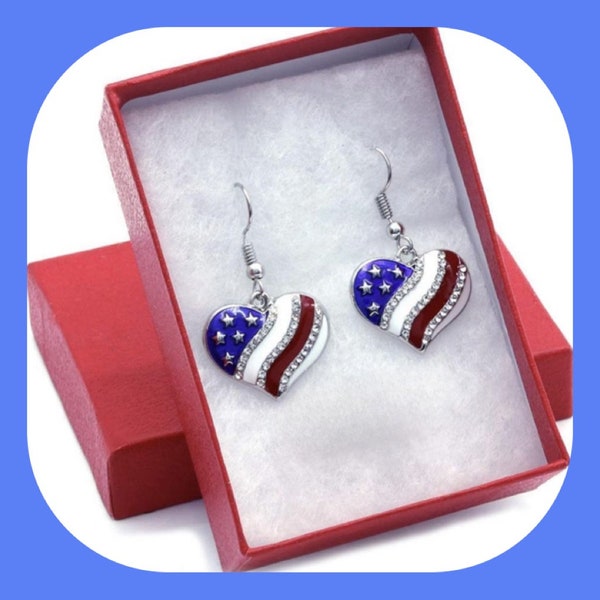 Brand New Beautiful Patriotic Heart Sparkle Rhinestone Earrings
