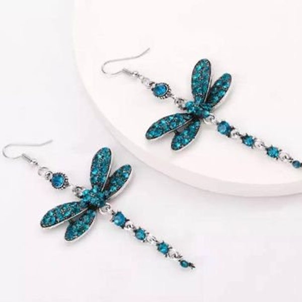 Absolutely Stunning Blue Mini Rhinestone Dragonfly Earrings