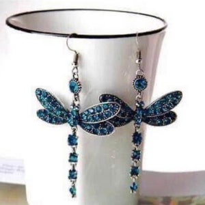 Absolutely Stunning Blue Rhinestone Dragonfly Earrings