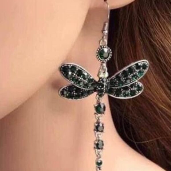 Absolutely Stunning EMERALD GREEN  Rhinestone Dragonfly Earrings