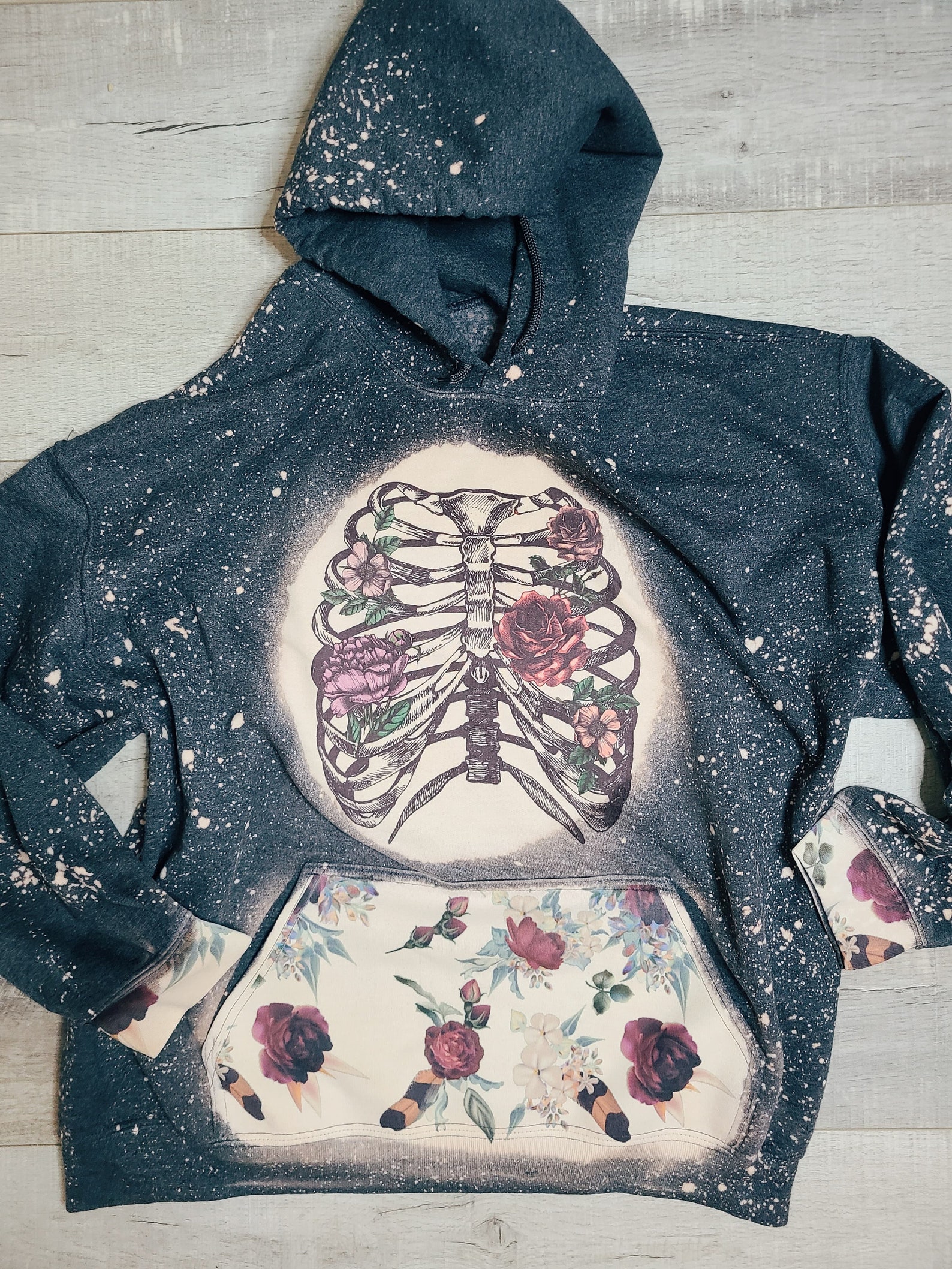 Skeleton rib cage hoodie Bleached distressed hoodie floral Etsy 日本