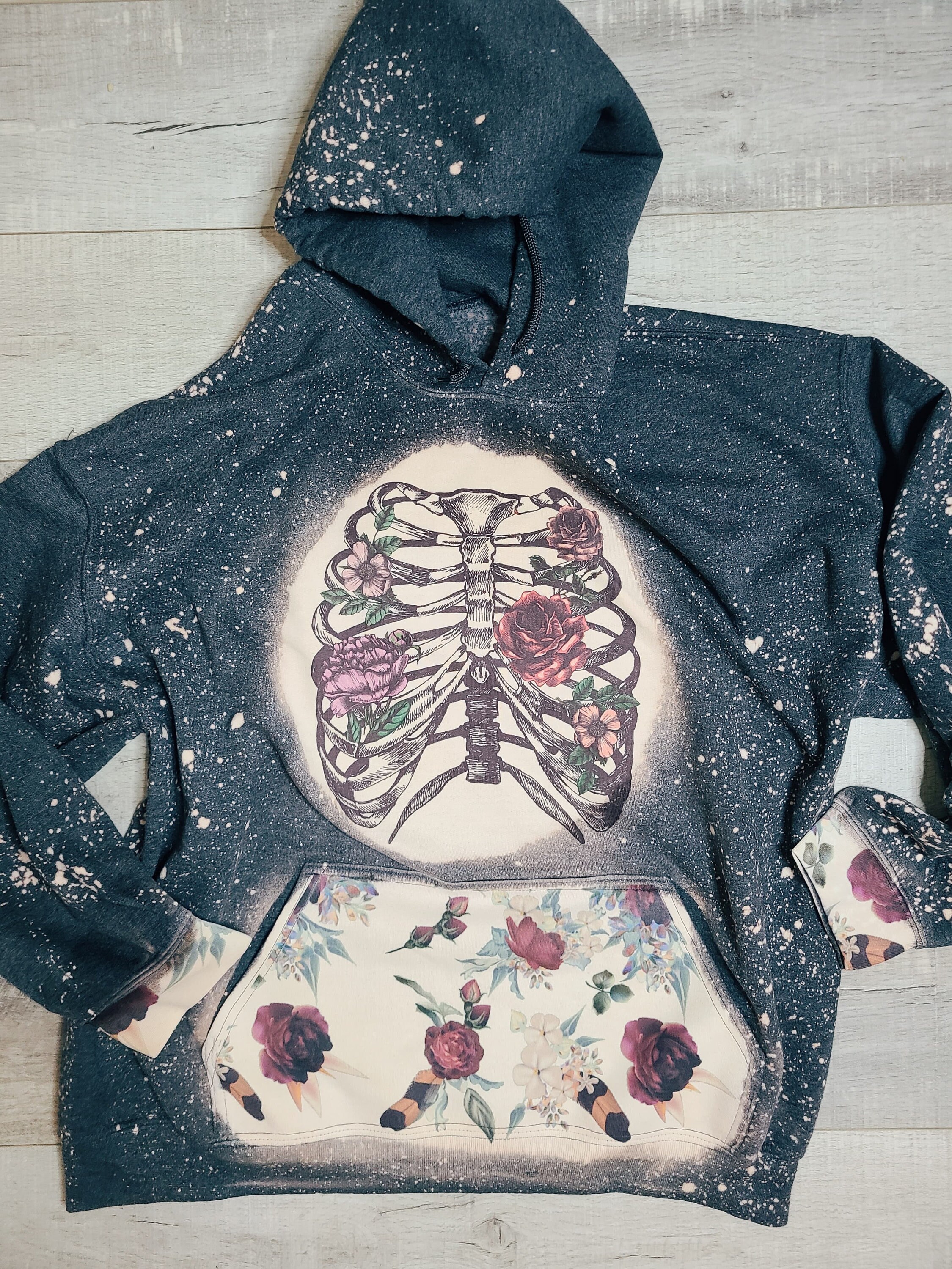 Skeleton Rib Cage Hoodie Bleached Distressed Hoodie Floral Etsy