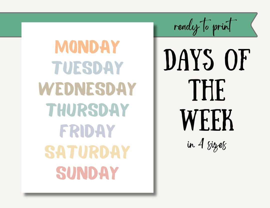 Rainbow Days of the Week, Playroom Educational Poster, Rainbow Nursery ...