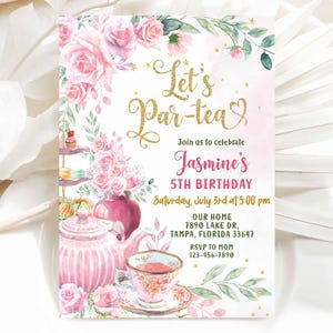 Modelo de convite de aniversário para chá da tarde editável, convite para chá da tarde com tema de jardim rosa para meninas, convite floral dourado e extravagante, download instantâneo KP010