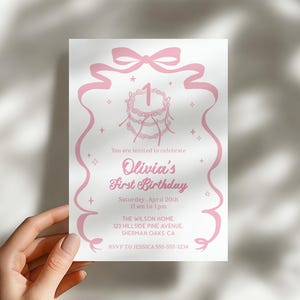 Dusty Pink Invitation Template, Editable Vintage Bow Invite for Girls, Baby Girl First Birthday Party Invitation, Coquette Party Evite