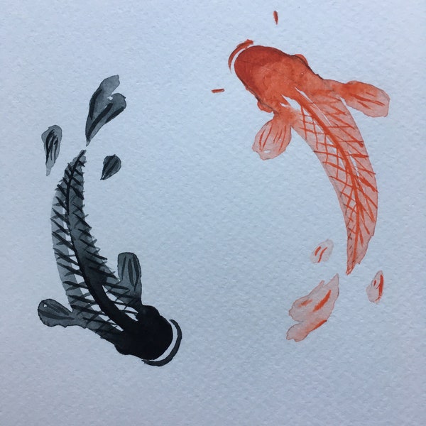 Koi Fish Watercolor Tao Painting Orange Black Pez Koi Acuarela Pintura