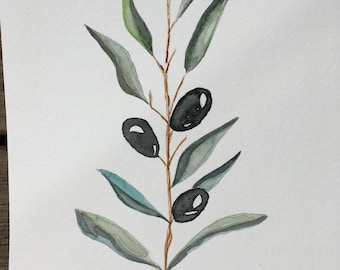 Olive Original Watercolor ,Botanical Illustration, Olive Leaves Watercolor, Olive Watercolor,Kitchen Poster,Olive Branch,Olives Not A Print