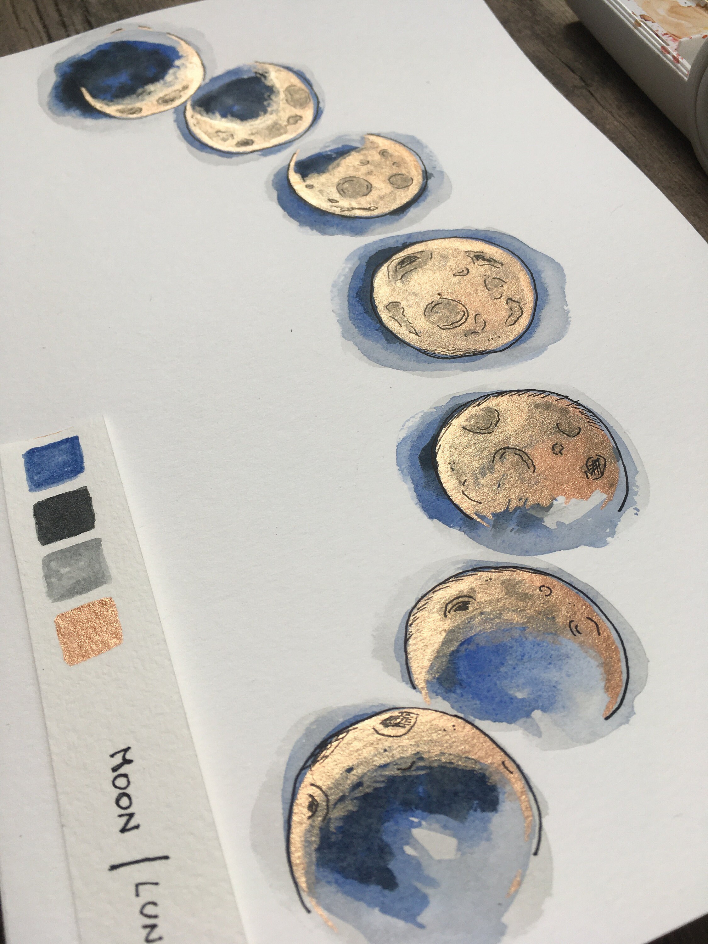 Moon Phases Gold Tint Original Painting Watercolor Not A Print Moon ...