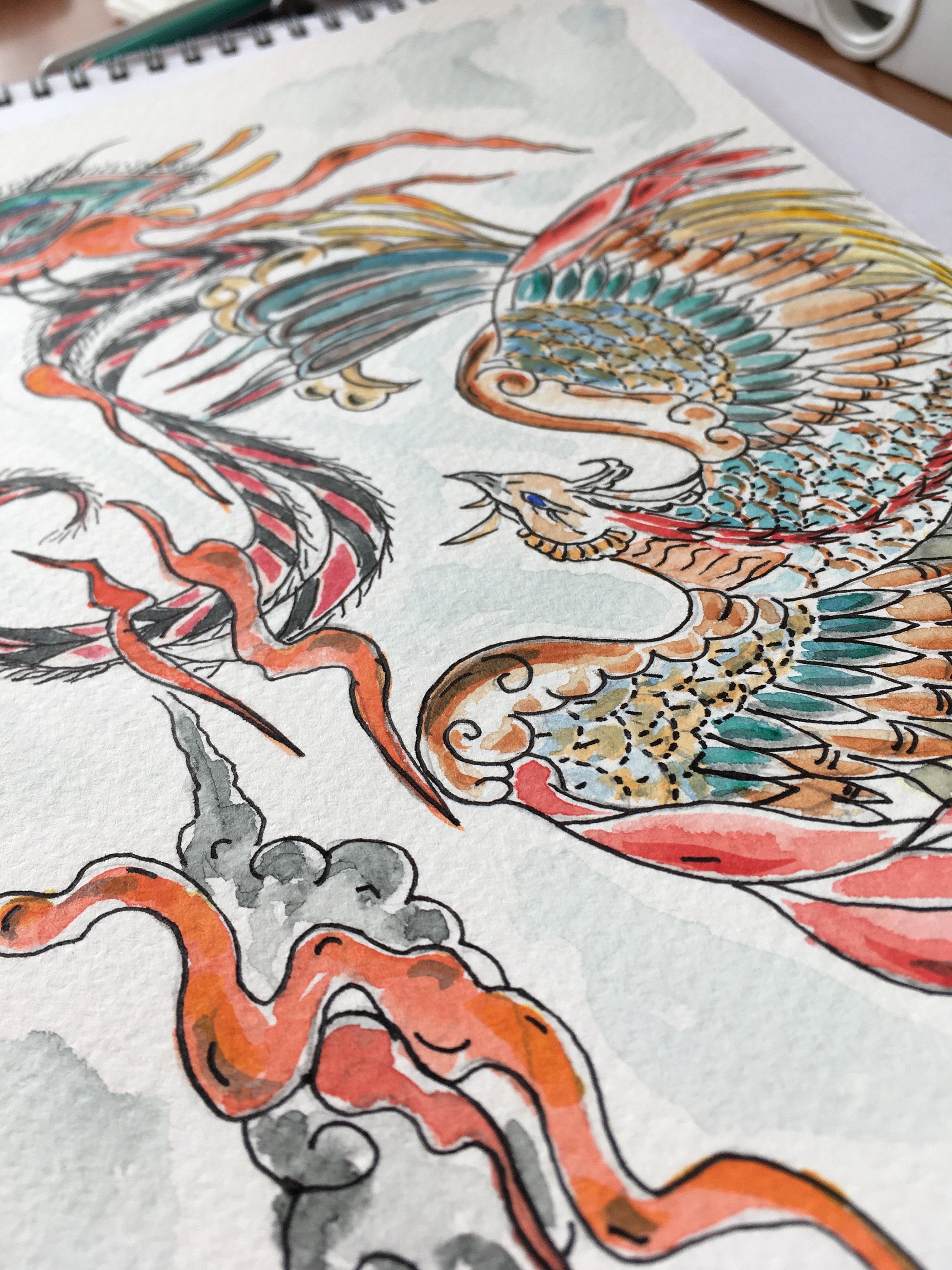Phoenix Watercolor Art Paint Japan Style Suzaku Pintura acuarela Fénix ...
