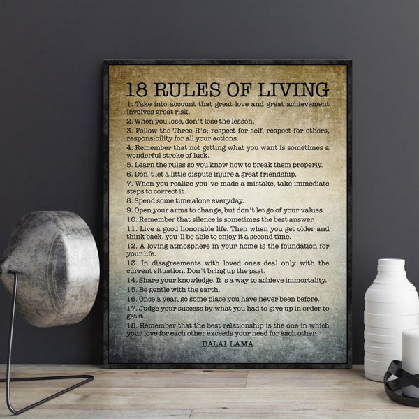 Dalai Lama 18 Rules of Living Quote Wall Art Book Page Print Inspiration Motivational Buddhism Art Poster