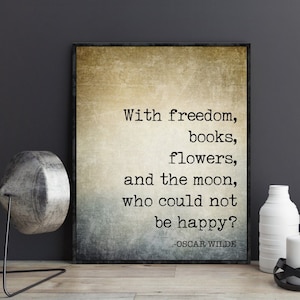 Oscar Wilde Book Lover Gift for Readers Librarian With freedom books flowers and the moon Quote Poem Book Page Wall Art Poster Print
