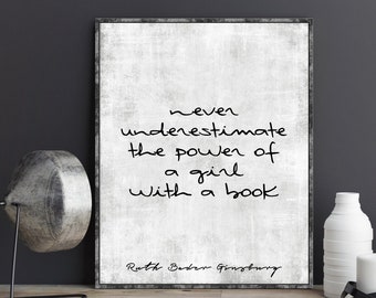 Never Underestimate A Girl With A Book Ruth Bader Ginsberg RBG Quote Poster Print Wall Art Feminist Quote Gift Graduation Gift Lawyer Gift