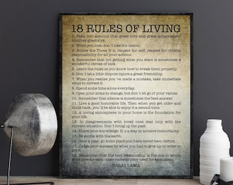 Dalai Lama 18 Rules of Living Quote Wall Art Book Page Print Inspiration Motivational Buddhism Art Poster