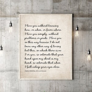 Pablo Neruda wall art poster print 100 Love Sonnets Poem I love you without knowing how or when I love you simply Boyfriend Girlfriend Gift