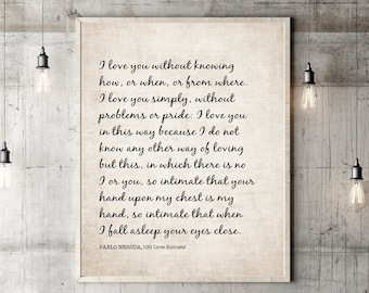 Pablo Neruda wall art poster print 100 Love Sonnets Poem I love you without knowing how or when I love you simply Boyfriend Girlfriend Gift