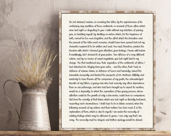 May include: A vintage-style framed print with a text excerpt from a novel. The text is in a serif font and discusses the complexities of relationships and social expectations. The print is on a wooden surface.
