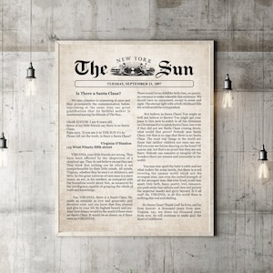 May include: A vintage newspaper article from The Sun, dated September 21, 1897, titled "Is There a Santa Claus?" The article discusses the existence of Santa Claus and the importance of believing in the magic of childhood.