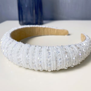 White Beaded Rhinestone Crystal Headband Women Thick Padded Hair Hoops Bling Vintage Hair Accessories